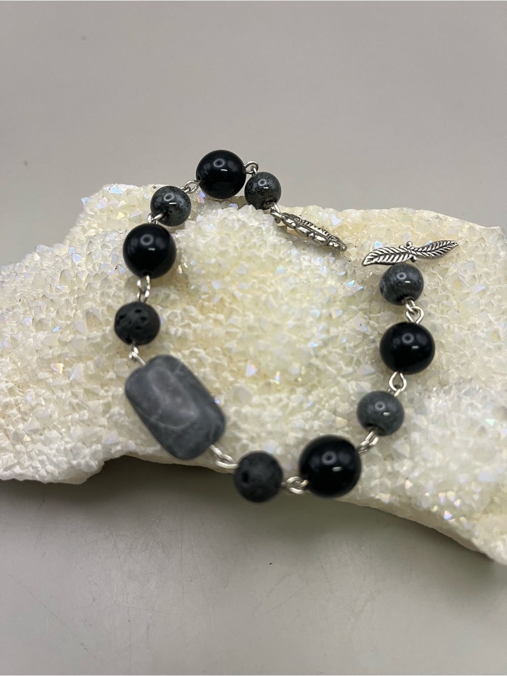 Handmade Sterling Silver Bracelet | Black Onyx Lava Rock Beaded Toggle Bracelet